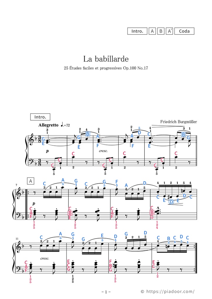 25 Études faciles et progressives 17. La babillarde Sheet Music For Piano (With Letters / With Finger Numbers)