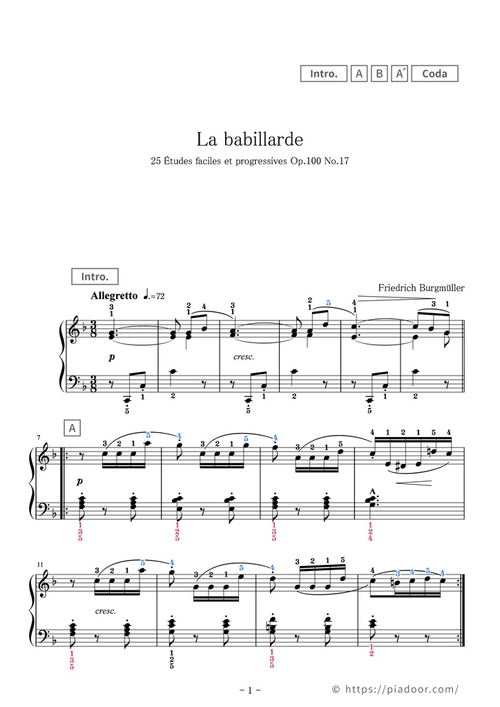 25 Études faciles et progressives 17. La babillarde Sheet Music For Piano (With Letters / With Finger Numbers)