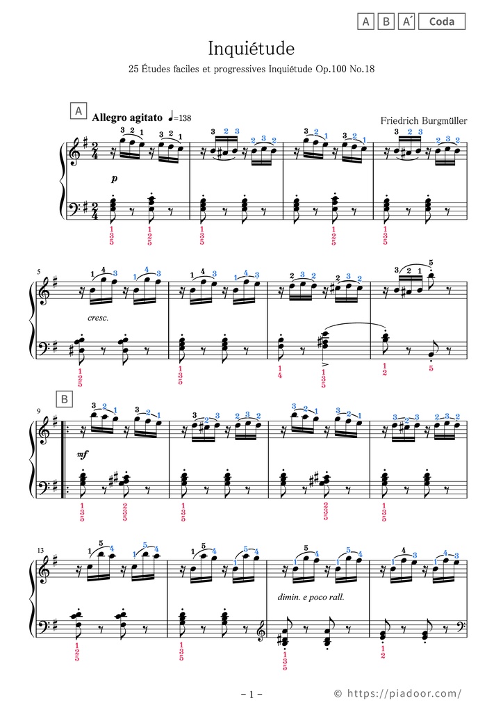 25 Études faciles et progressives 18. Inquiétude Sheet Music For Piano (With Letters / With Finger Numbers)