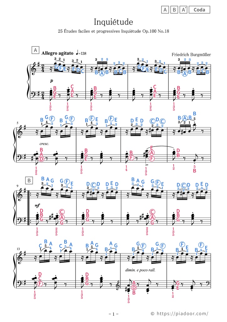 25 Études faciles et progressives 18. Inquiétude Sheet Music For Piano (With Letters / With Finger Numbers)