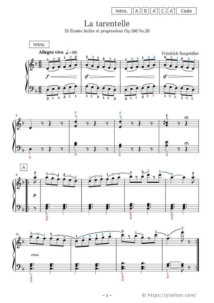 25 Études faciles et progressives 20. La tarentelle Sheet Music For Piano (With Letters / With Finger Numbers)