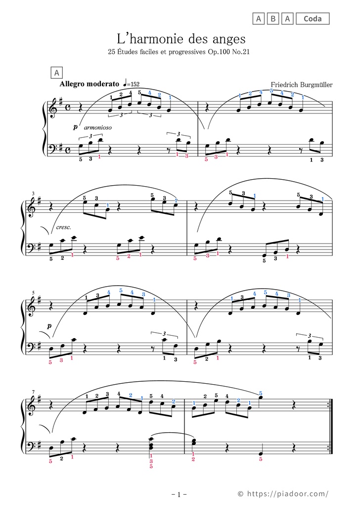 25 Études faciles et progressives 21. L'harmonie des anges Sheet Music For Piano (With Letters / With Finger Numbers)
