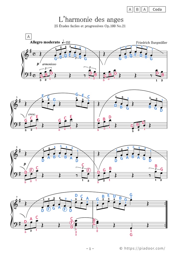 25 Études faciles et progressives 21. L'harmonie des anges Sheet Music For Piano (With Letters / With Finger Numbers)