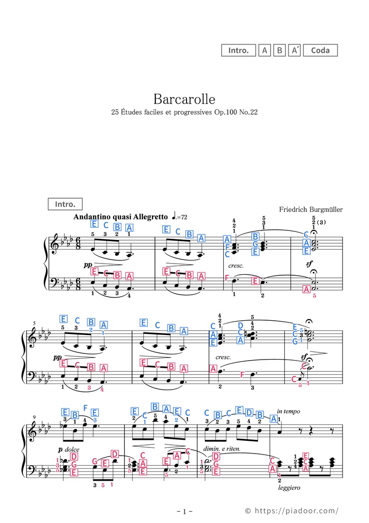 25 Études faciles et progressives 22. Barcarolle Sheet Music For Piano (With Letters / With Finger Numbers)