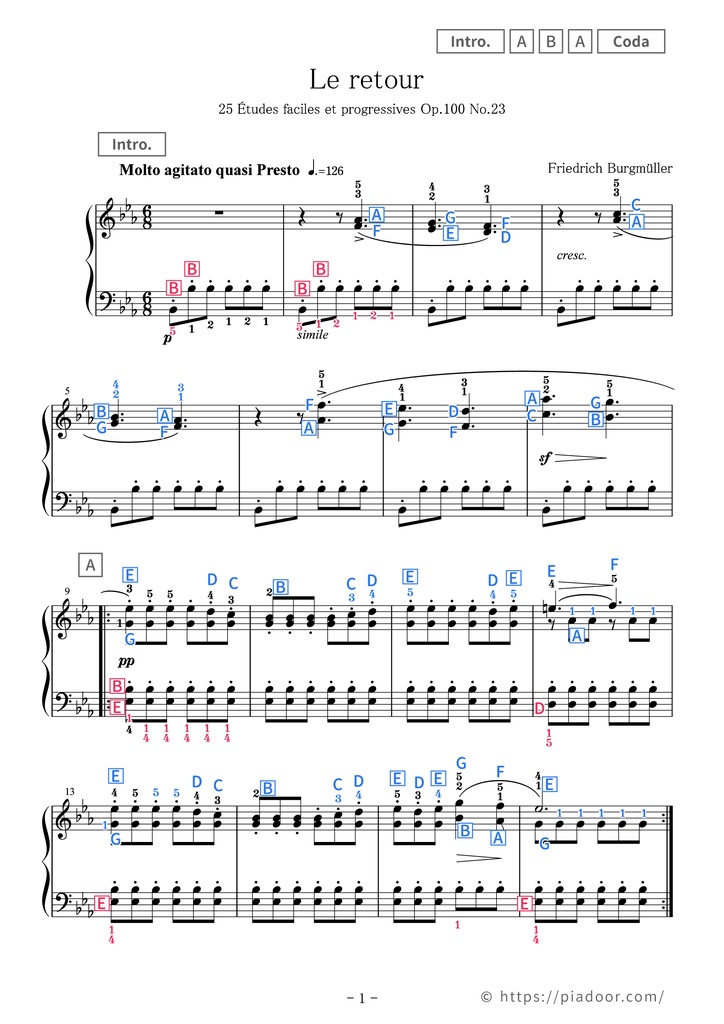 25 Études faciles et progressives 23. Le retour Sheet Music For Piano (With Letters / With Finger Numbers)