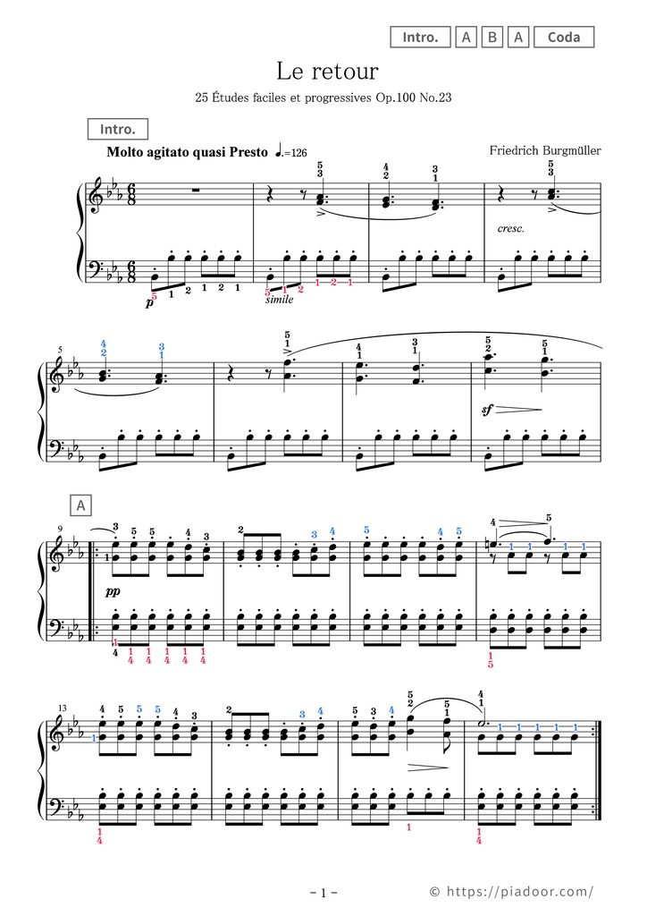 25 Études faciles et progressives 23. Le retour Sheet Music For Piano (With Letters / With Finger Numbers)