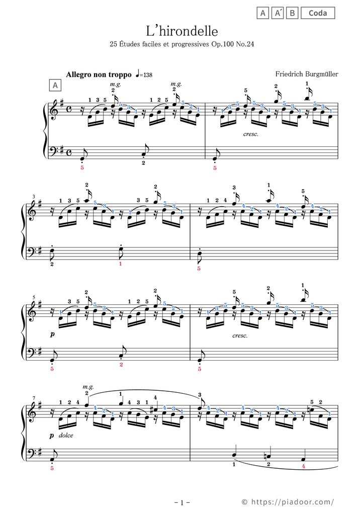 25 Études faciles et progressives 24. L'hirondelle Sheet Music For Piano (With Letters / With Finger Numbers)