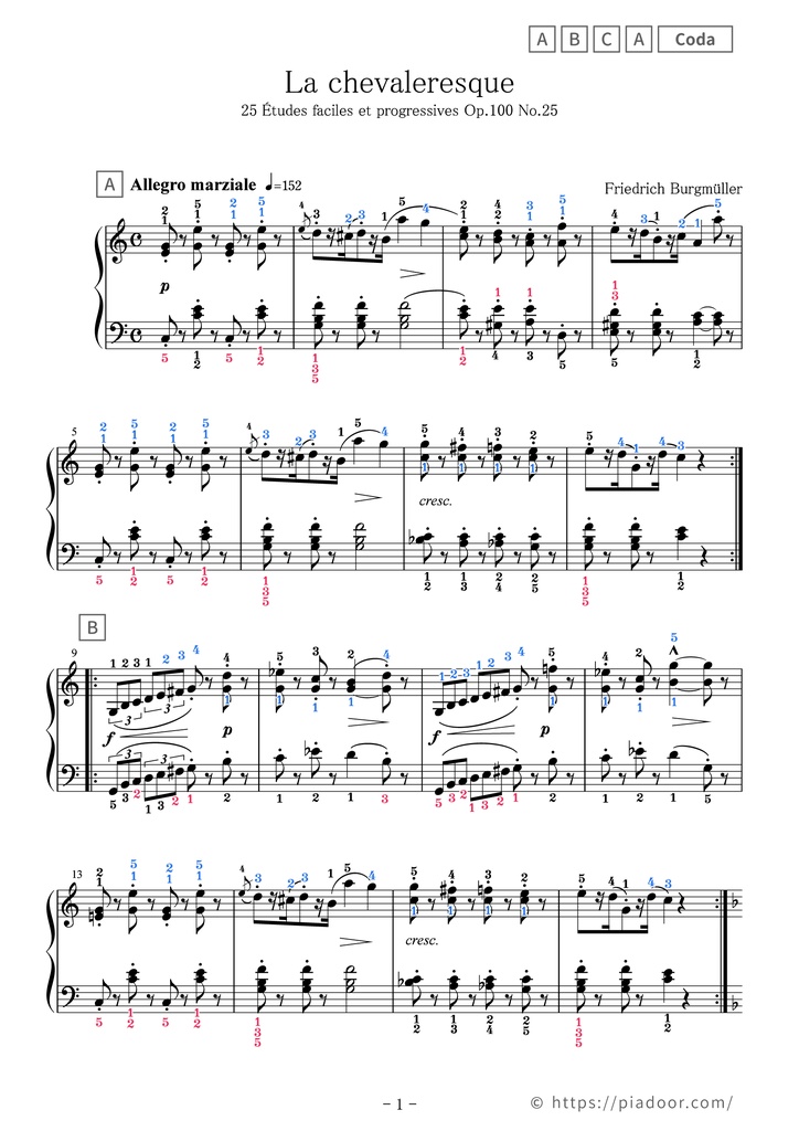25 Études faciles et progressives 25. La chevaleresque Sheet Music For Piano (With Letters / With Finger Numbers)
