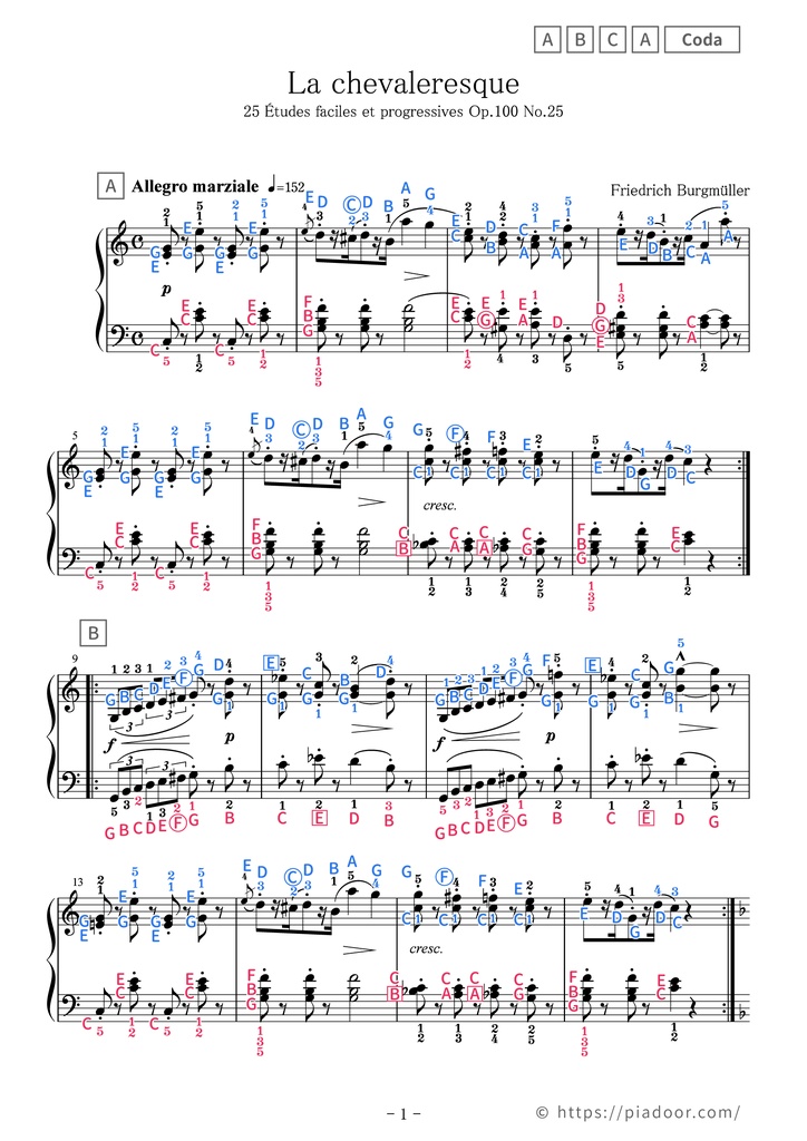 25 Études faciles et progressives 25. La chevaleresque Sheet Music For Piano (With Letters / With Finger Numbers)