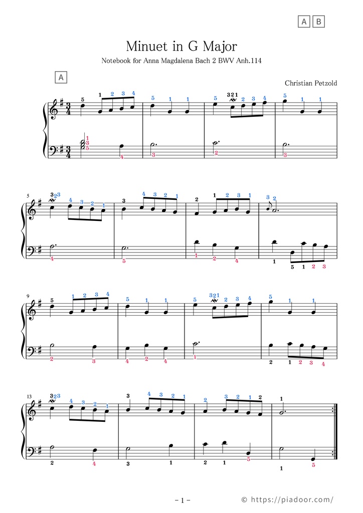 Minuet in G major Sheet Music For Piano (With Letters / With Finger Numbers)