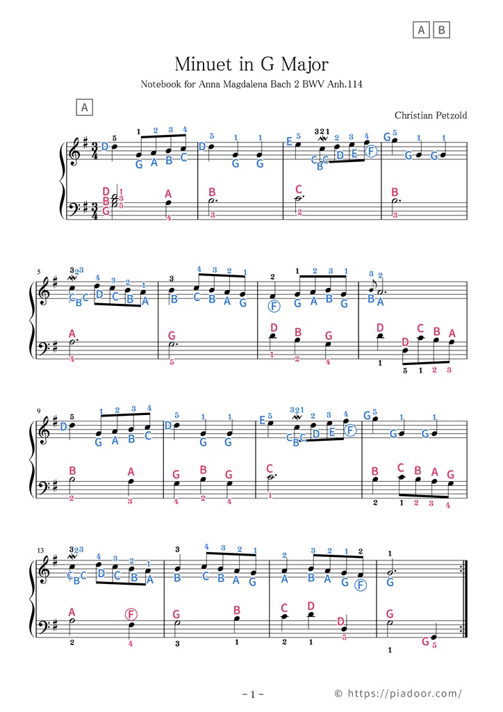 Minuet in G major Sheet Music For Piano (With Letters / With Finger Numbers)