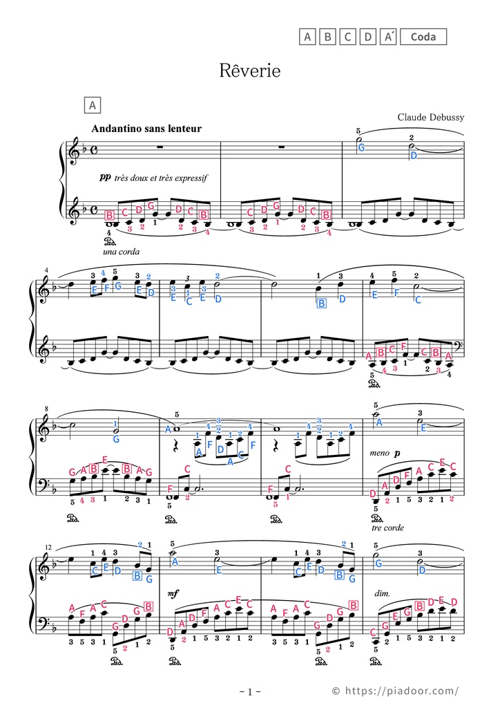 Rêverie Sheet Music For Piano (With Letters / With Finger Numbers)