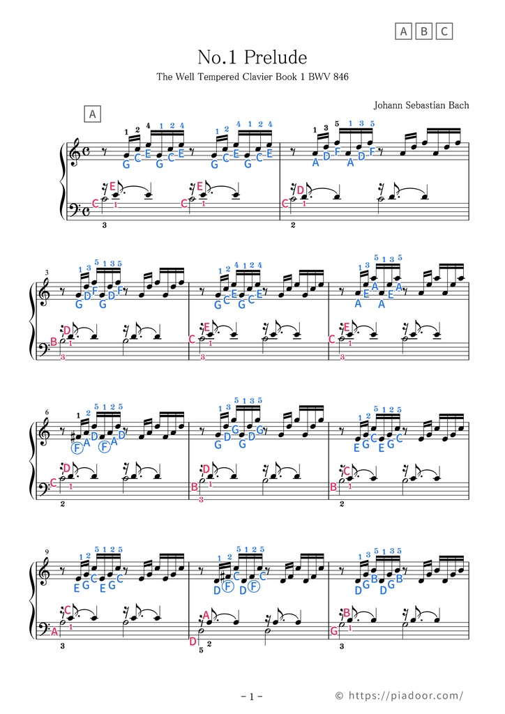 "The Well Tempered Clavier" Prelude in C major Sheet Music For Piano (With Letters / With Finger Numbers)