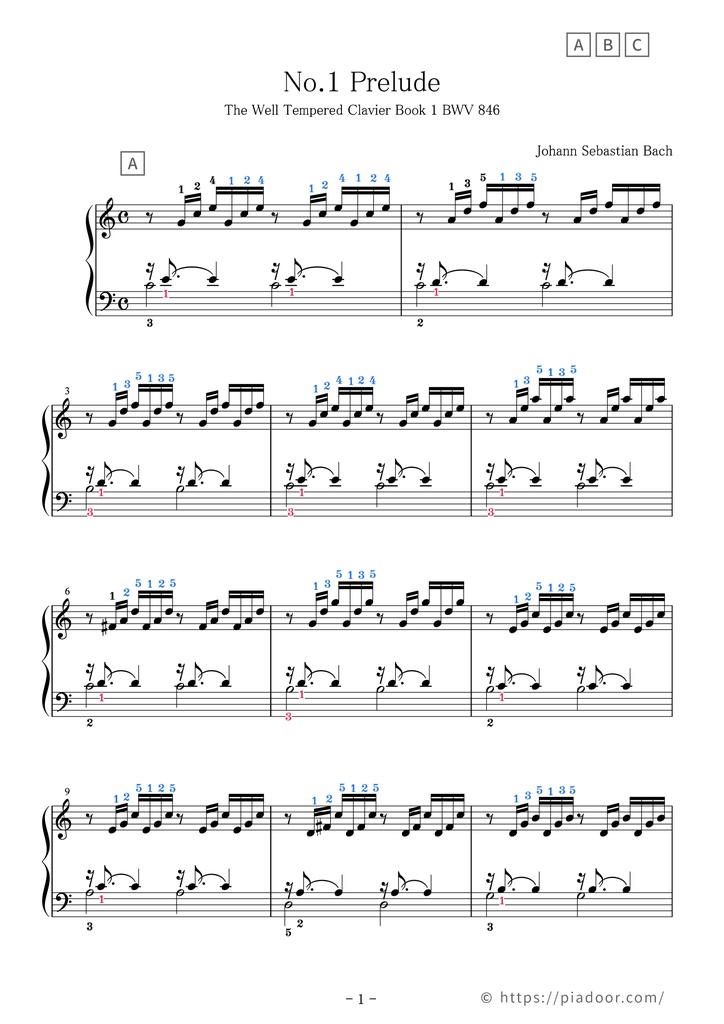 "The Well Tempered Clavier" Prelude in C major Sheet Music For Piano (With Letters / With Finger Numbers)