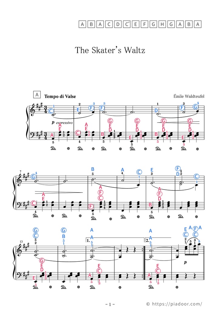 The Skater's Waltz Sheet Music For Piano (With Letters / With Finger Numbers)