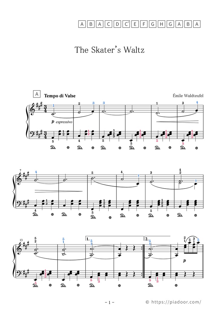 The Skater's Waltz Sheet Music For Piano (With Letters / With Finger Numbers)
