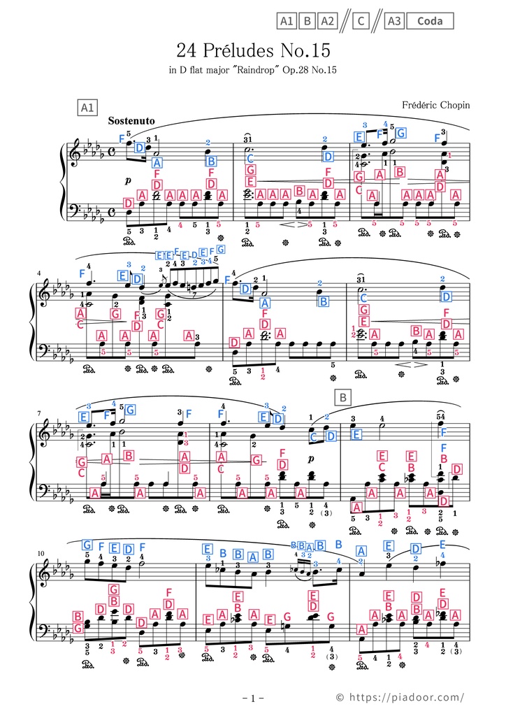 Raindrop Sheet Music For Piano (With Letters / With Finger Numbers)