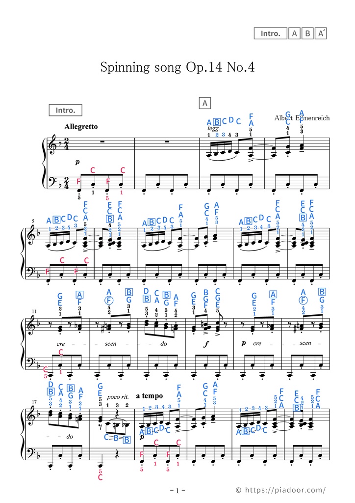 Spinning song Sheet Music For Piano (With Letters / With Finger Numbers)