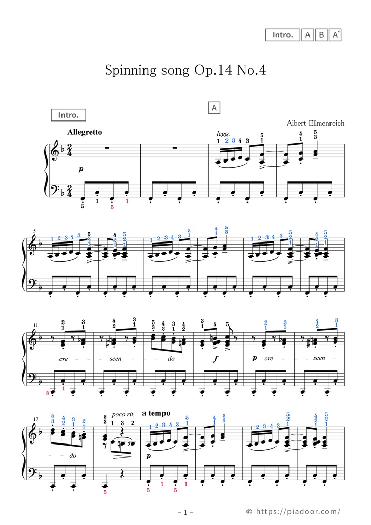 Spinning song Sheet Music For Piano (With Letters / With Finger Numbers)