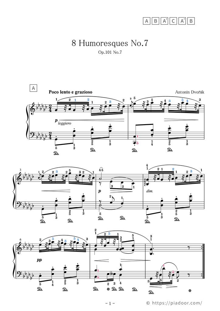 Humoresques Sheet Music For Piano (With Letters / With Finger Numbers)