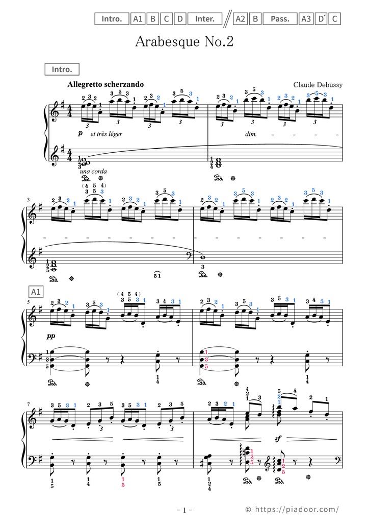 Arabesque No.2 Sheet Music For Piano (With Letters / With Finger Numbers)