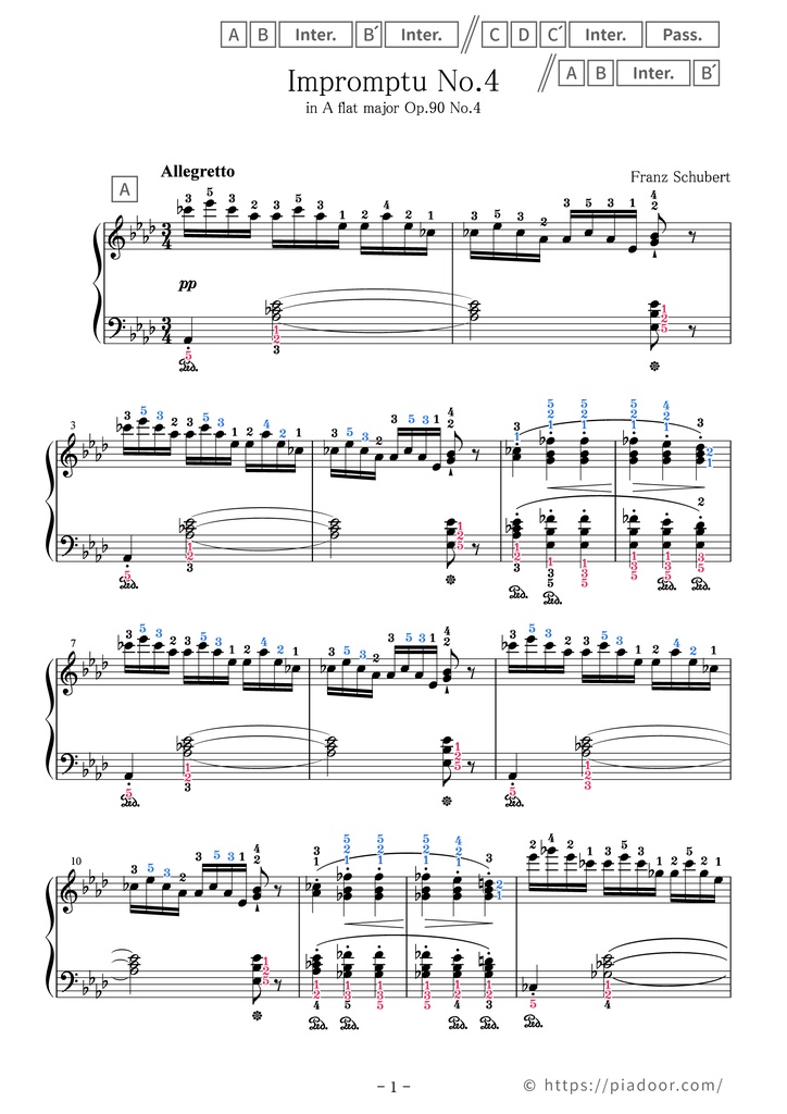Impromptu Op.90 No.4 Sheet Music For Piano (With Letters / With Finger Numbers)