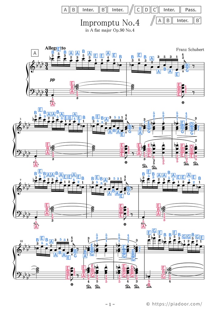 Impromptu Op.90 No.4 Sheet Music For Piano (With Letters / With Finger Numbers)