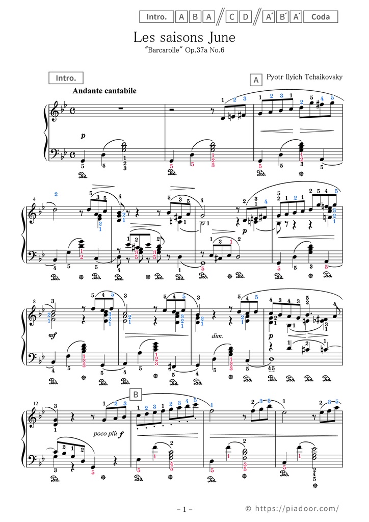 The Seasons "June: Barcarolle" Sheet Music For Piano (With Letters / With Finger Numbers)
