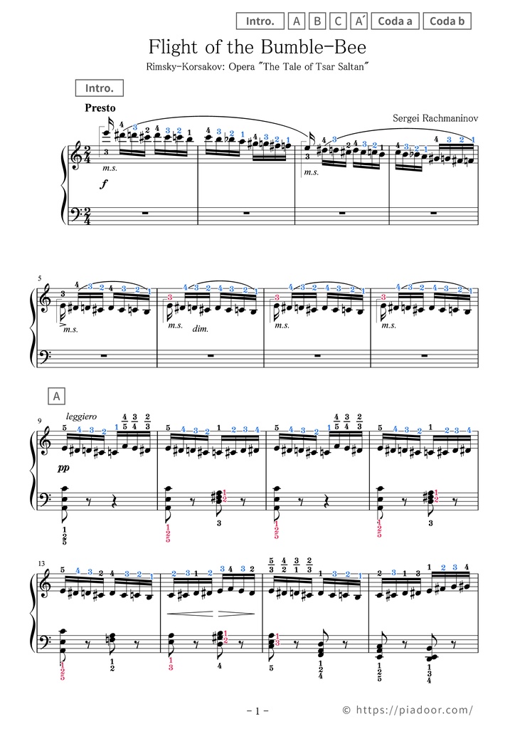 Flight of the Bumble-Bee Sheet Music For Piano (With Letters / With Finger Numbers)