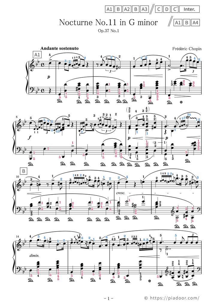 Nocturne No.11 in G minor Sheet Music For Piano (With Letters / With Finger Numbers)