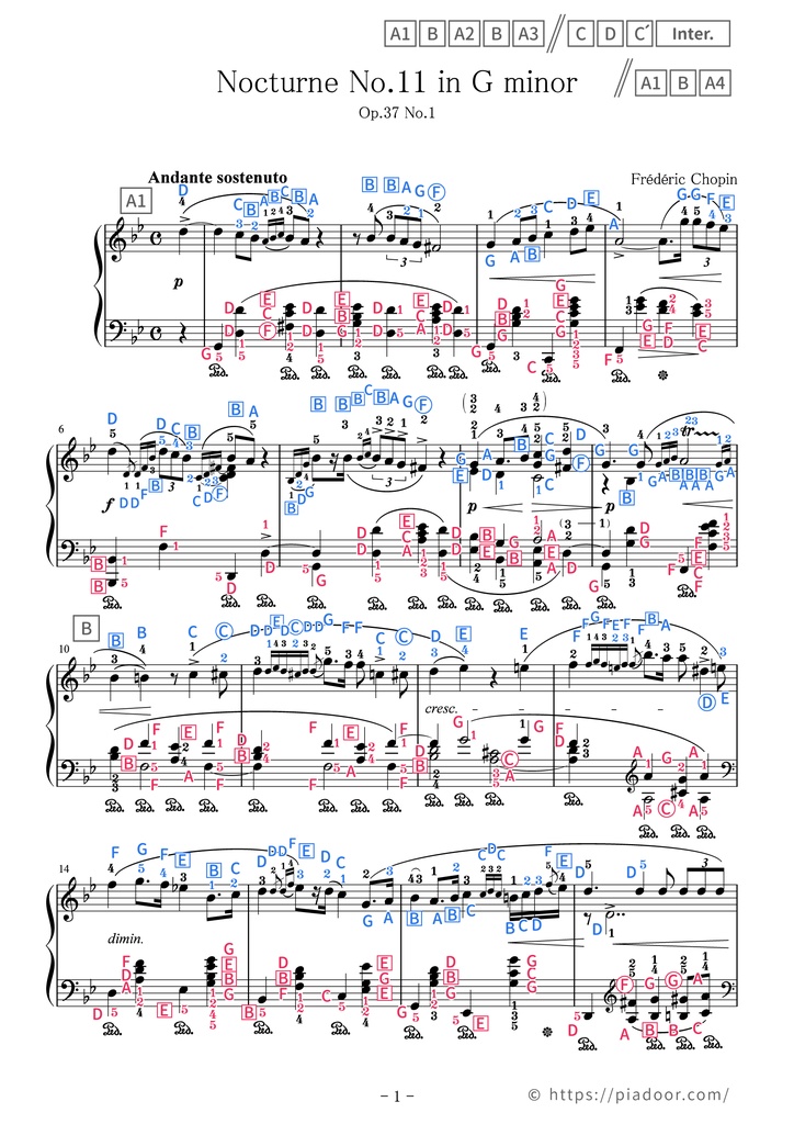 Nocturne No.11 in G minor Sheet Music For Piano (With Letters / With Finger Numbers)