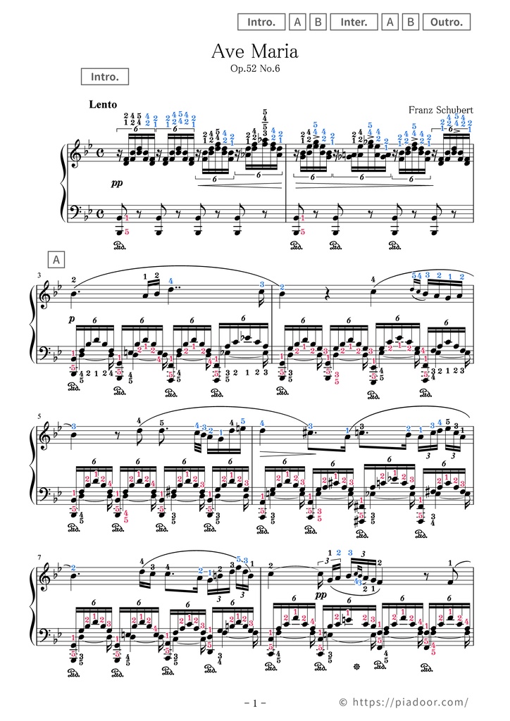 Ave Maria(Schubert) Sheet Music For Piano (With Letters / With Finger Numbers)