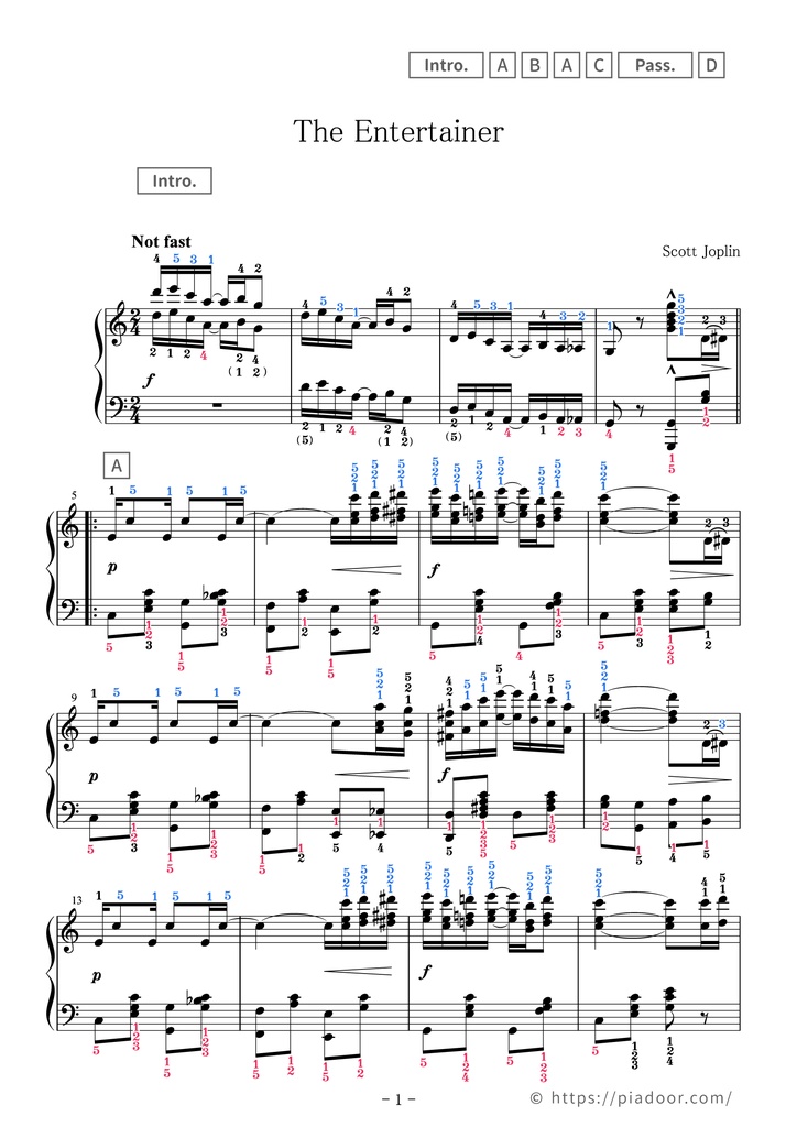 The Entertainer Sheet Music For Piano (With Letters / With Finger Numbers)