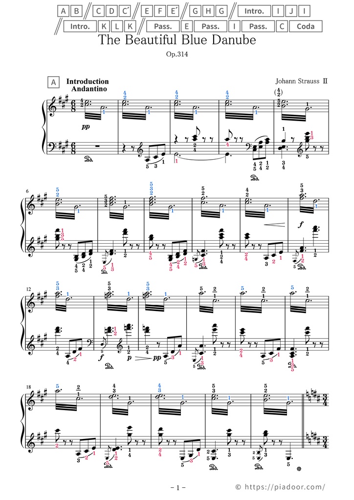 The Beautiful Blue Danube Sheet Music For Piano (With Letters / With Finger Numbers)