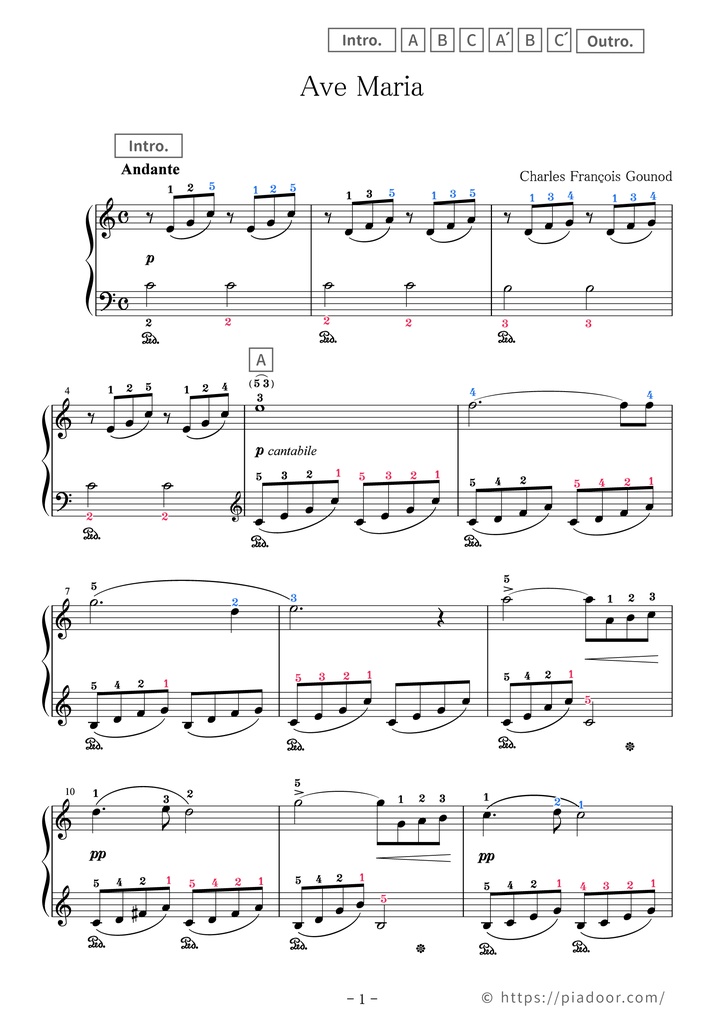 Ave Maria(Gounod) Sheet Music For Piano (With Letters / With Finger Numbers)