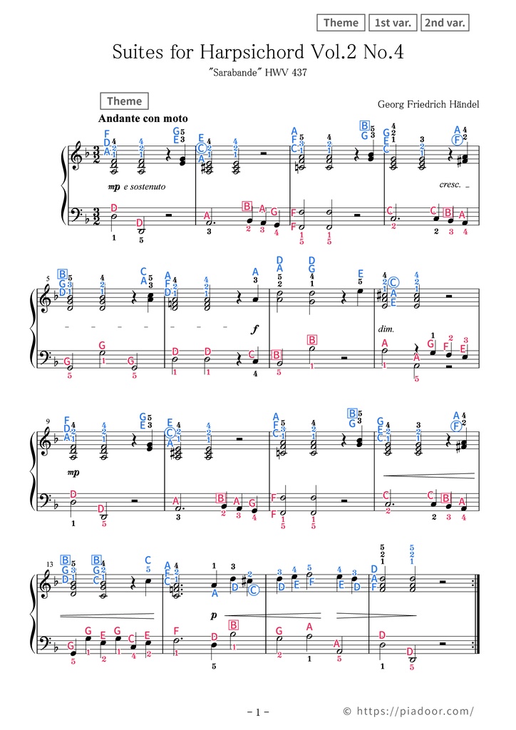 Sarabande Sheet Music For Piano (With Letters / With Finger Numbers)