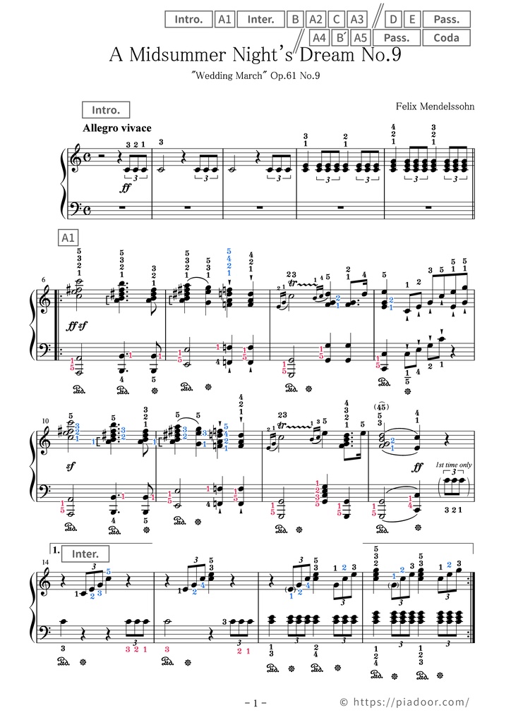 Wedding March Sheet Music For Piano (With Letters / With Finger Numbers)