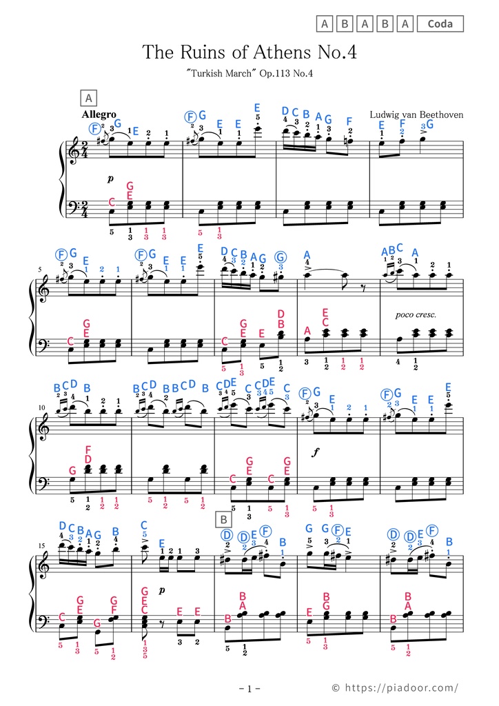 Turkish March(Beethoven) Sheet Music For Piano (With Letters / With Finger Numbers)