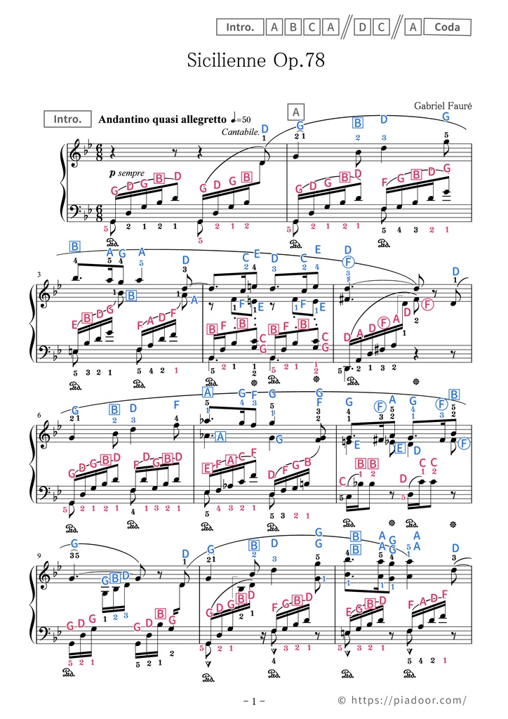 Sicilienne Sheet Music For Piano (With Letters / With Finger Numbers)