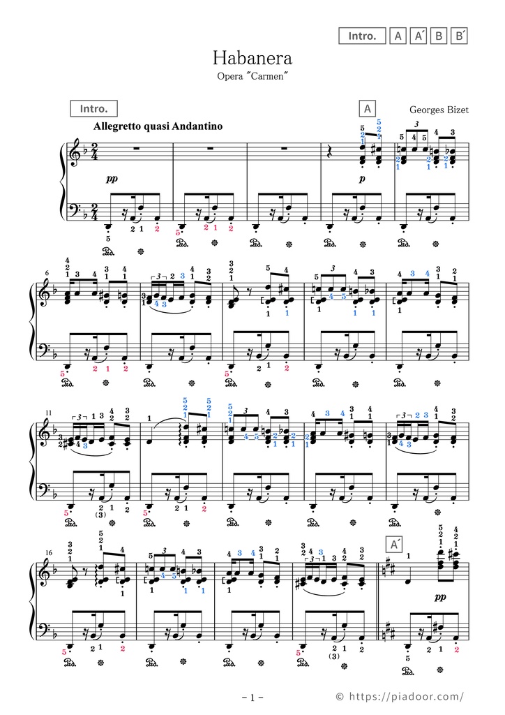 Habanera Sheet Music For Piano (With Letters / With Finger Numbers)
