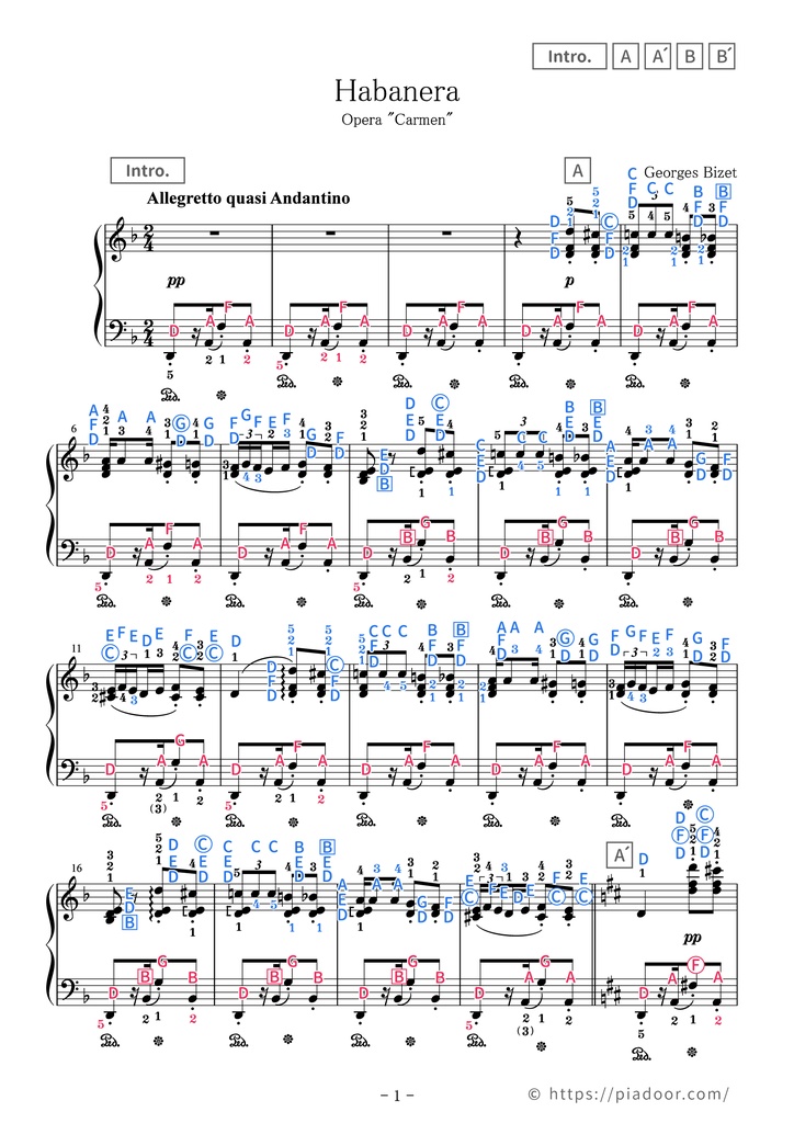 Habanera Sheet Music For Piano (With Letters / With Finger Numbers)