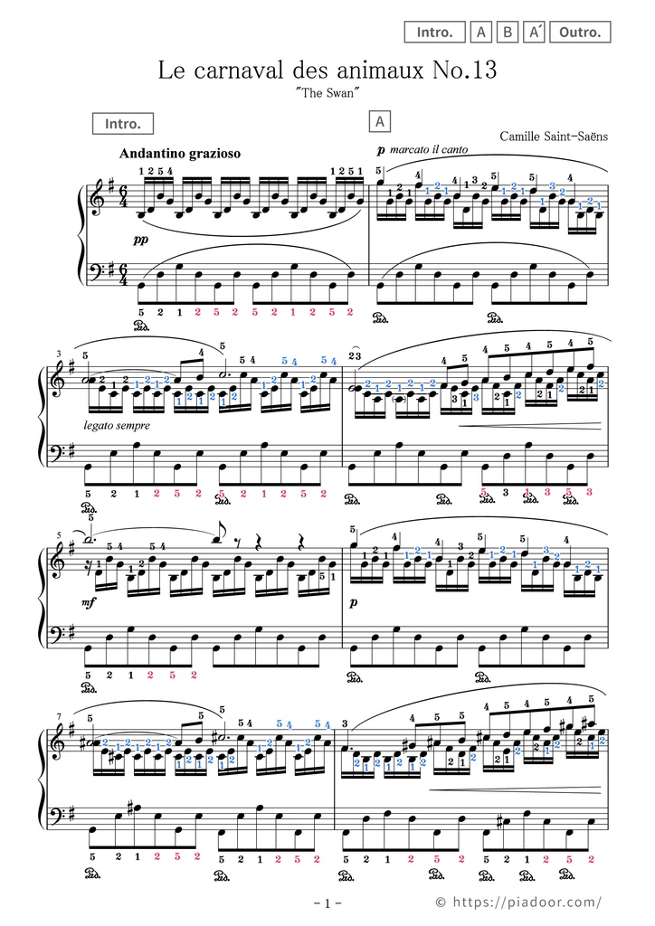 Le carnaval des animaux "Le Cygne" Sheet Music For Piano (With Letters / With Finger Numbers)