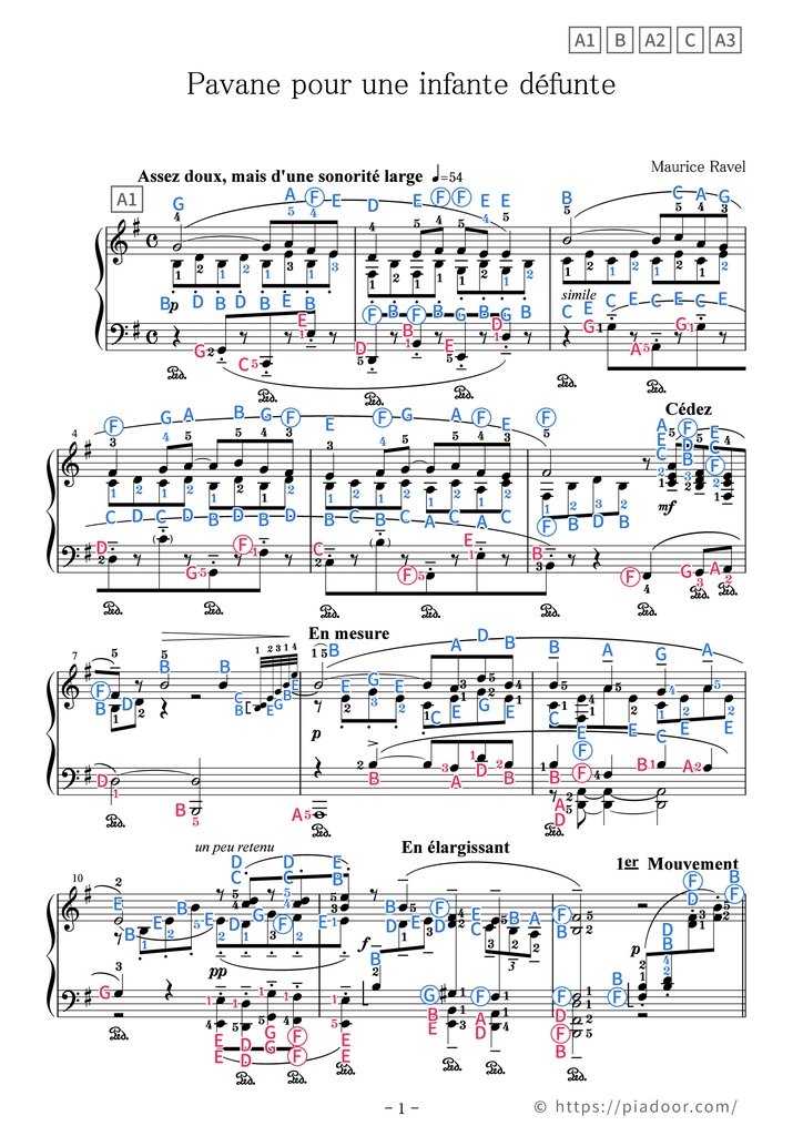 Pavane pour une infante défunte Sheet Music For Piano (With Letters / With Finger Numbers)