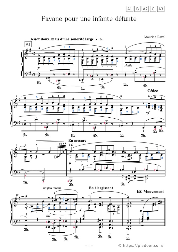 Pavane pour une infante défunte Sheet Music For Piano (With Letters / With Finger Numbers)