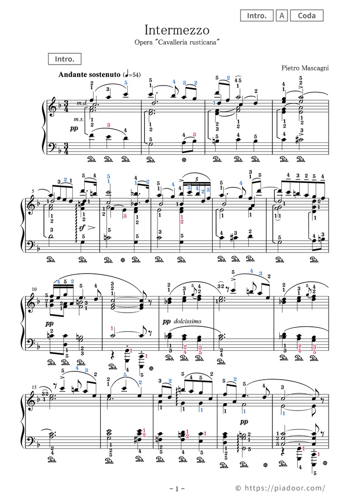 Cavalleria rusticana "Intermezzo" Sheet Music For Piano (With Letters / With Finger Numbers)