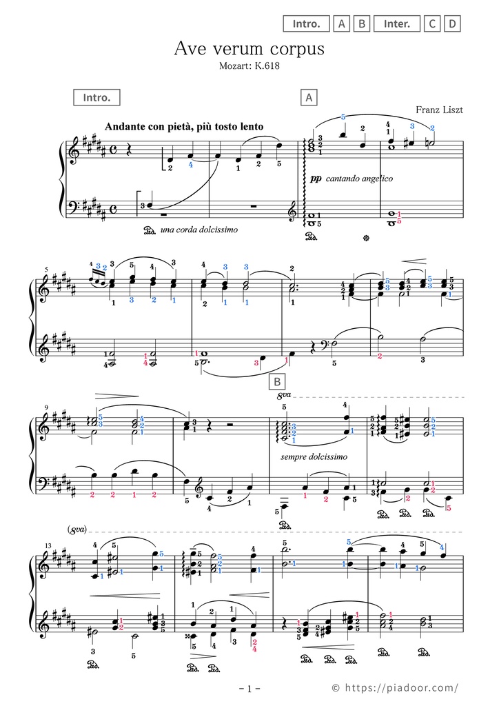 Ave verum corpus Sheet Music For Piano (With Letters / With Finger Numbers)