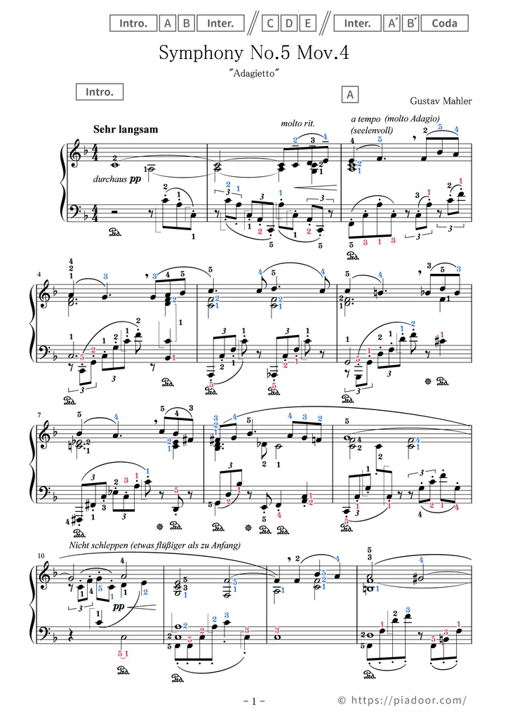 Adagietto Sheet Music For Piano (With Letters / With Finger Numbers)