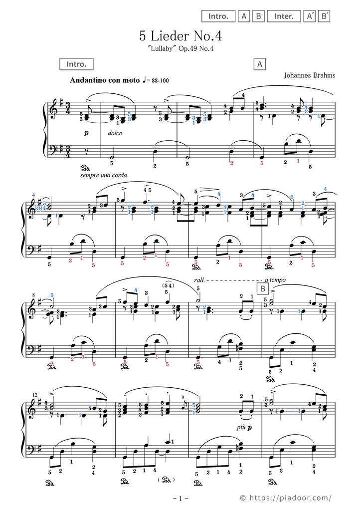 Lullaby Sheet Music For Piano (With Letters / With Finger Numbers)