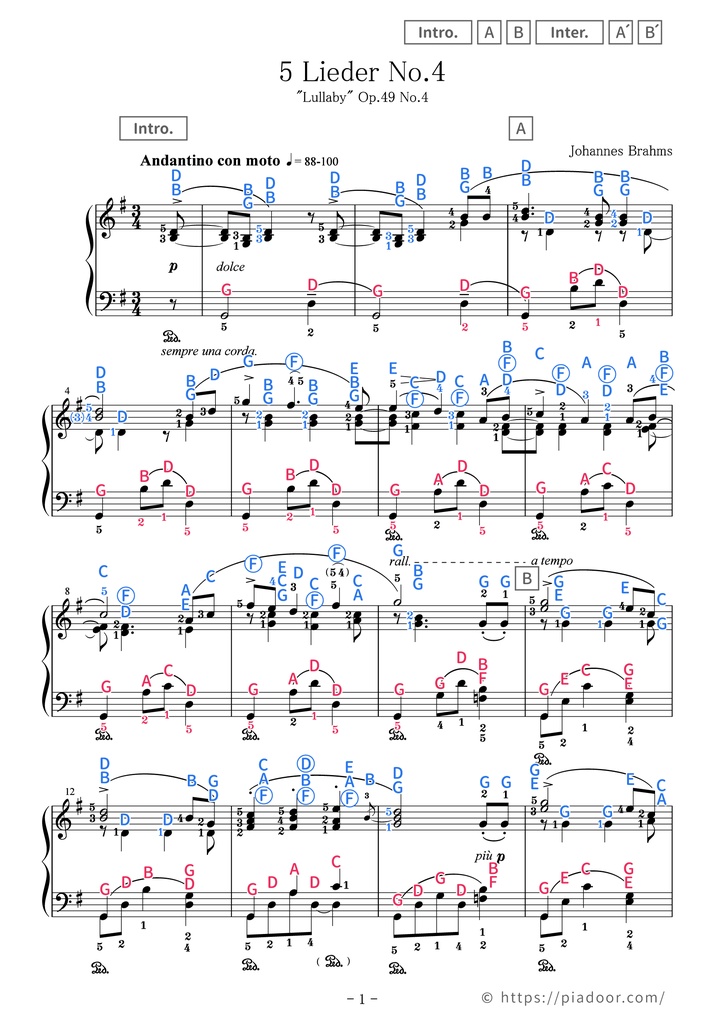 Lullaby Sheet Music For Piano (With Letters / With Finger Numbers)