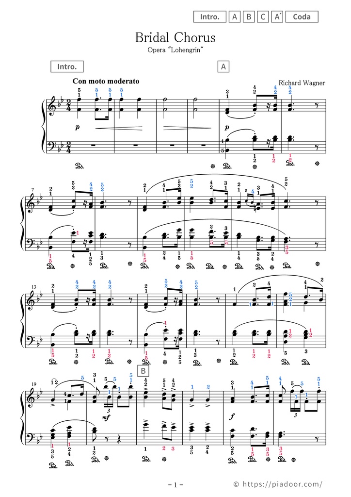 Bridal Chorus Sheet Music For Piano (With Letters / With Finger Numbers)